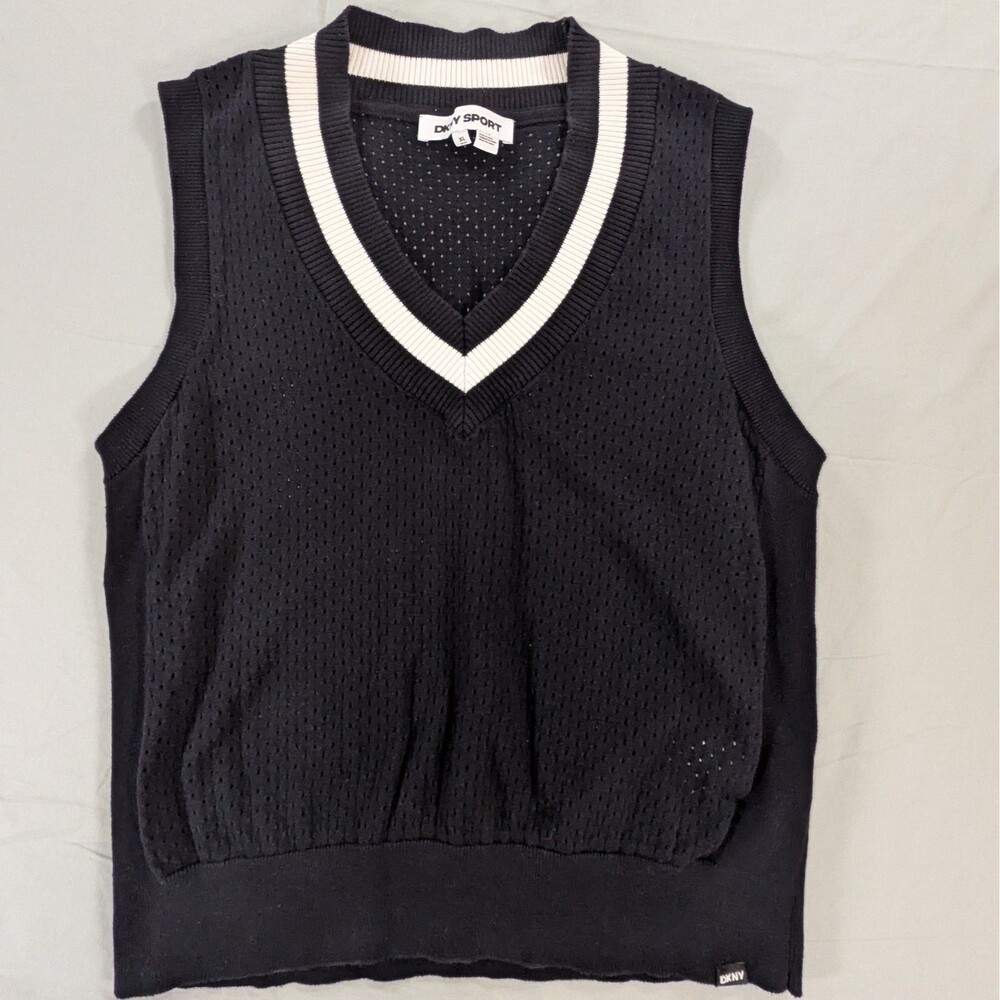 DKNY Sport Women's Black Sleeveless Knit Sweater Vest with White Vneck